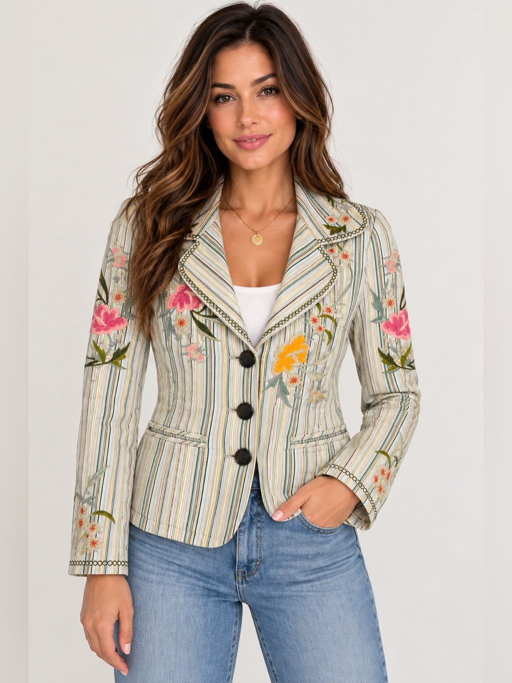 Johnny Was Embroidered Floral Striped Blazer Boho Cottagecore Whimsical Size XS